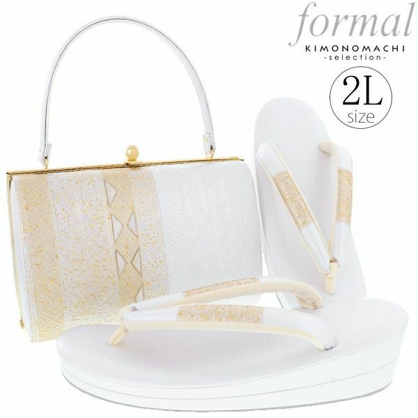 礼装草履バッグセット「シルバー　縞に更紗」2Lサイズ フォーマル 結婚式、式典、卒業式、入学式に 螺鈿細工 二枚芯