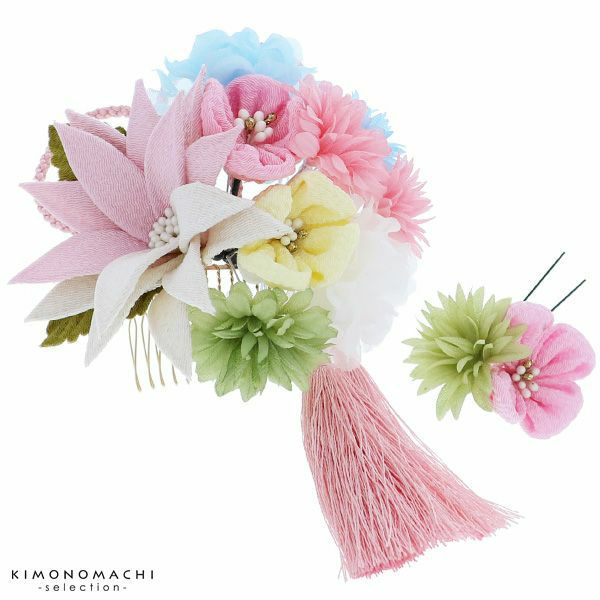 振袖髪飾り2点セット「ピンク色　お花、房飾り」お花髪飾り 成人式、前撮り、結婚式の振袖に 卒業式の袴にも つまみ細工 振袖髪飾り （4005）