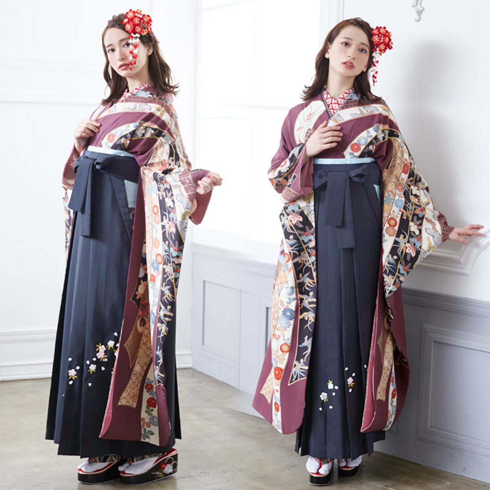 無地袴 桜の刺繍 黒 緑 エンジ 紫 紺 4サイズ：S、M、L、LL(2L) 卒業式