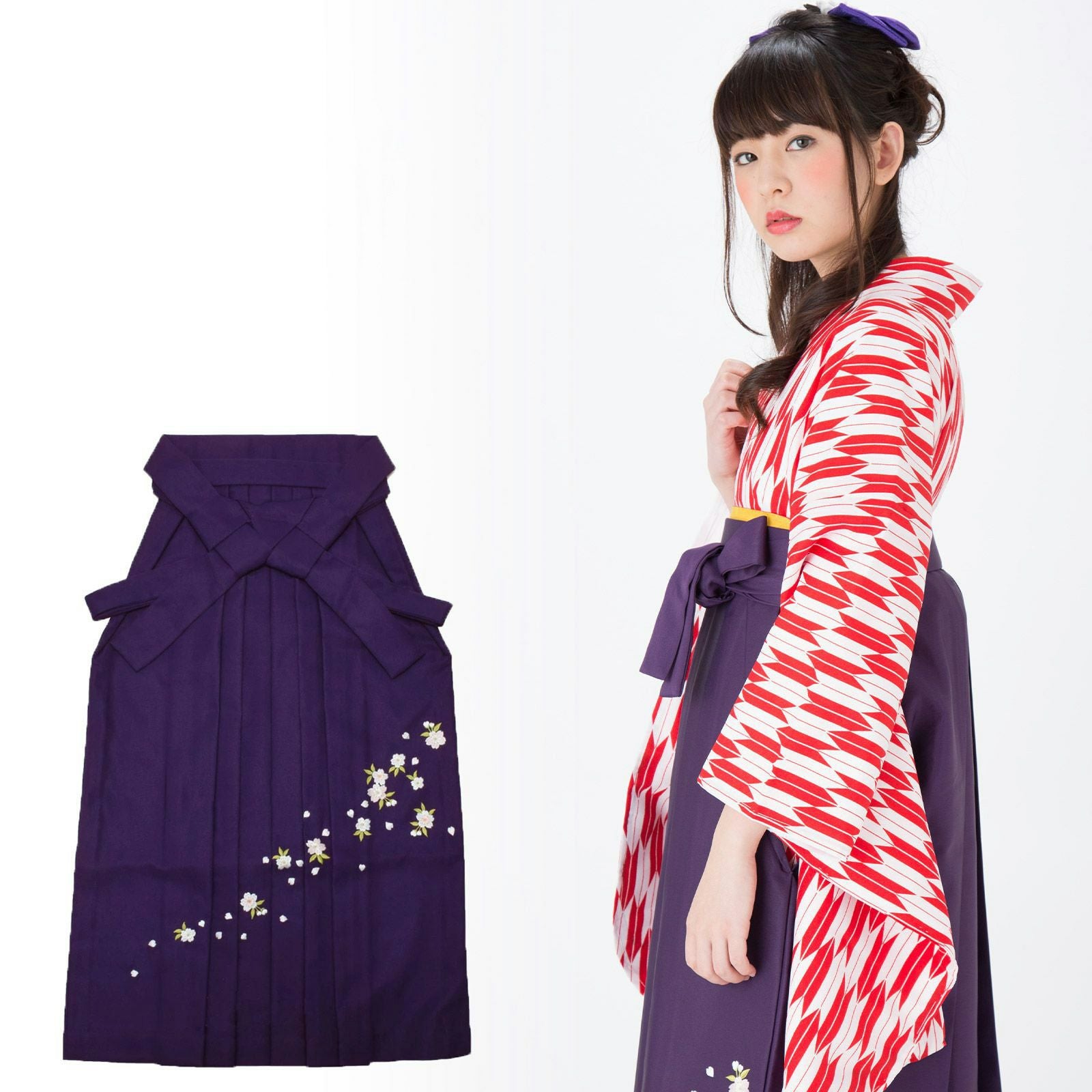 無地袴 桜の刺繍 黒 緑 エンジ 紫 紺 4サイズ：S、M、L、LL(2L) 卒業式