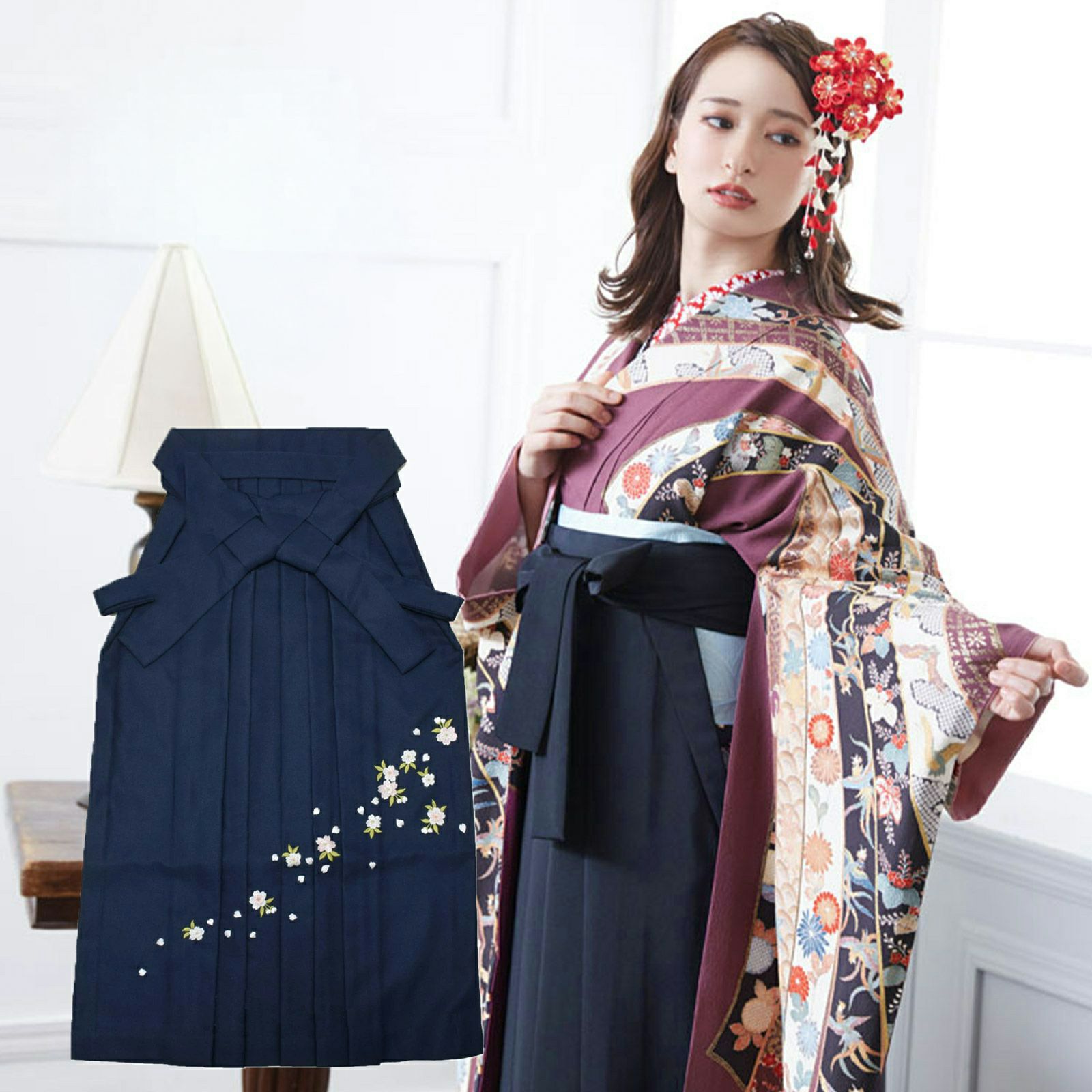 袴 卒業式 女性用 JAPAN STYLE 丸紅ブランド 黒紺 花柄 梅 菊 刺繍 中古品 仕立て上がり 紐下2尺5寸 95cm Ｌサイズ みやがわ sb16050 袴 （ 女性卒業袴 ・ 男性紋付 ） | 女性用袴（二尺袖） | 2AG1231000