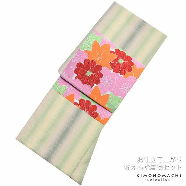 京袋帯、袷着物セット「グリーン　縞」Lサイズ（フリーサイズ） 袷着物セット 小紋  洗える着物セット