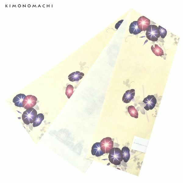 麻半幅帯「オフホワイト　朝顔」浴衣帯 半巾帯 夏着物、浴衣に  夏帯