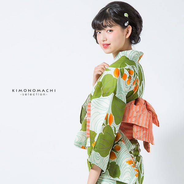 Prices down2】芸艸堂浴衣単品「緑×オレンジ 水葵」山本雪桂 綿浴衣