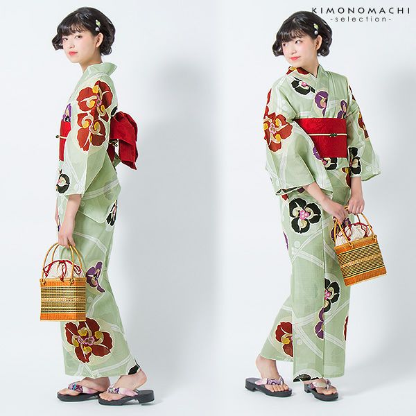 Prices down2】芸艸堂浴衣単品「青磁鼠色 露芝に蘭」山本雪桂 綿浴衣