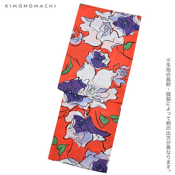 作り帯浴衣セット「オレンジレッド 薔薇」S、F、TL、LL 綿 お仕立て
