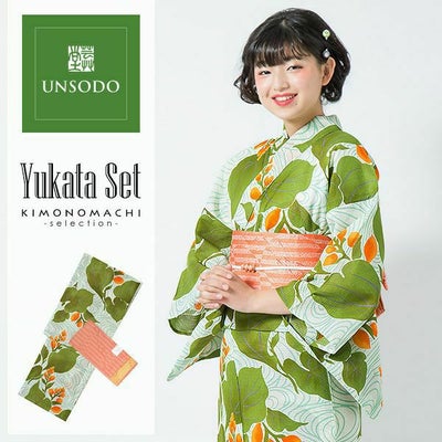 Prices down2】芸艸堂浴衣セット「緑×オレンジ 水葵」荻野一水 綿浴衣 