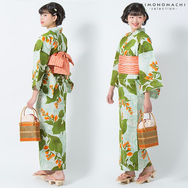 Prices down2】芸艸堂浴衣セット「緑×オレンジ 水葵」荻野一水 綿浴衣