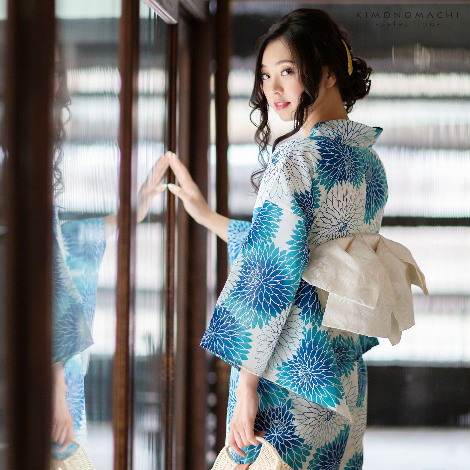 浴衣 単品 レディース 「ブルー丸菊」 女性浴衣単品 フリーサイズ 綿