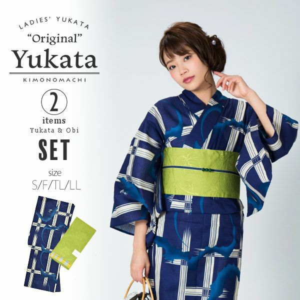 KIMONOMACHI浴衣セット「紺色 格子にコウモリ」S、F、TL、LL 綿浴衣 お仕立て上がり浴衣 京都きもの町オリジナル
