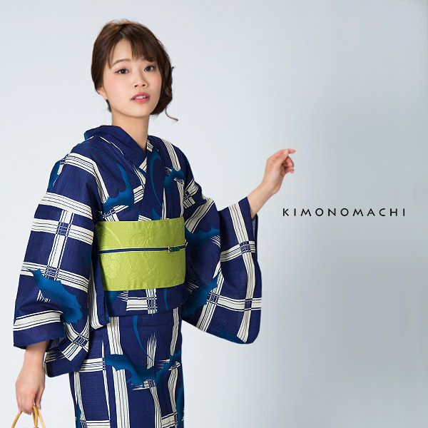 ◆おとな浴衣◆藍色格子のコウモリ柄浴衣◆蝙蝠◆高級変わり織り◆新品未使用 KIMONOMACHI浴衣セット「紺色 格子にコウモリ」S、F、TL、LL 綿浴衣 お