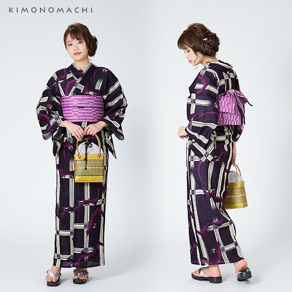 Prices down2】KIMONOMACHI浴衣セット「紫色 格子にコウモリ」S、F、TL