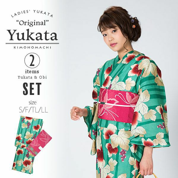 KIMONOMACHI浴衣セット「青緑色　葡萄蔦」S、F、TL、LL 綿浴衣 お仕立て上がり浴衣 京都きもの町オリジナル