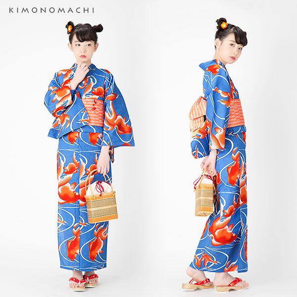 KIMONOMACHI浴衣セット「赤色金魚」S、F、TL、LL 綿浴衣 お仕立て