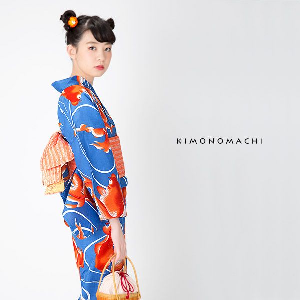 KIMONOMACHI浴衣セット「赤色金魚」S、F、TL、LL 綿浴衣 お仕立て