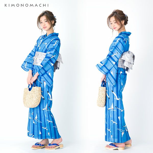 KIMONOMACHI浴衣セット「ブルー ヨットとカモメ」S、F、TL、LL 綿浴衣