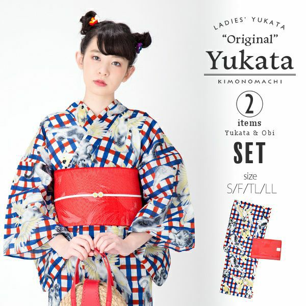 KIMONOMACHI浴衣セット「赤×青チェック 猫とオウム」S、F、TL、LL 綿浴衣 お仕立て上がり浴衣 京都きもの町オリジナル