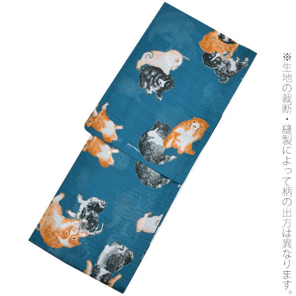 岡重　子犬柄の綿絽浴衣　青 岡重浴衣4点セット「青色 犬」綿段絽 三分紐、帯留めの帯飾り付き 綿