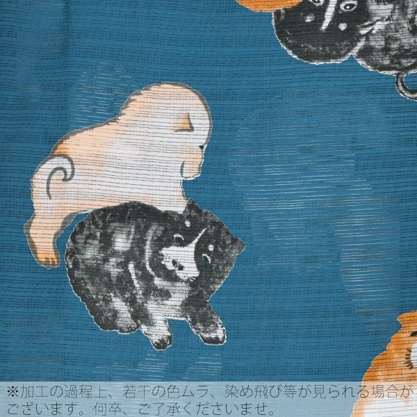 岡重　子犬柄の綿絽浴衣　青 岡重浴衣4点セット「青色 犬」綿段絽 三分紐、帯留めの帯飾り付き 綿