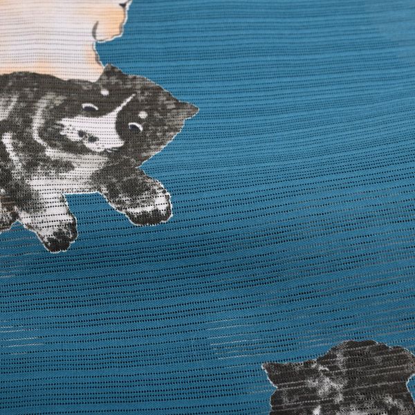 岡重浴衣4点セット「青色 犬」綿段絽 三分紐、帯留めの帯飾り付き 綿