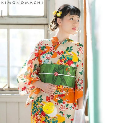 Prices down】KIMONOMACHI浴衣単品「オレンジ色 夢古典」TL、LL 綿浴衣 