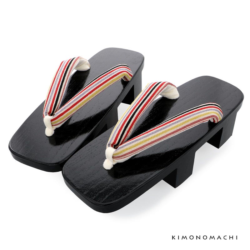 二枚歯下駄単品「赤、黒、ピンクの縞の鼻緒、黒塗台」芳町 女性下駄 日本製 レディース 桐下駄
