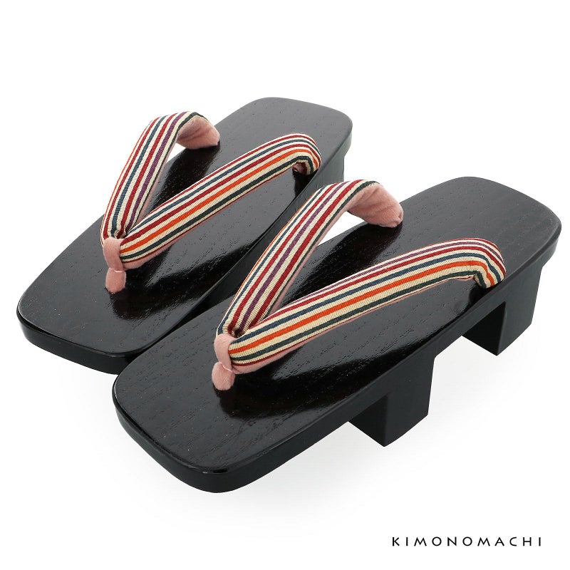 二枚歯下駄単品「赤紫、オレンジ、青の縞の鼻緒、黒塗台」芳町 女性下駄 日本製 レディース 桐下駄