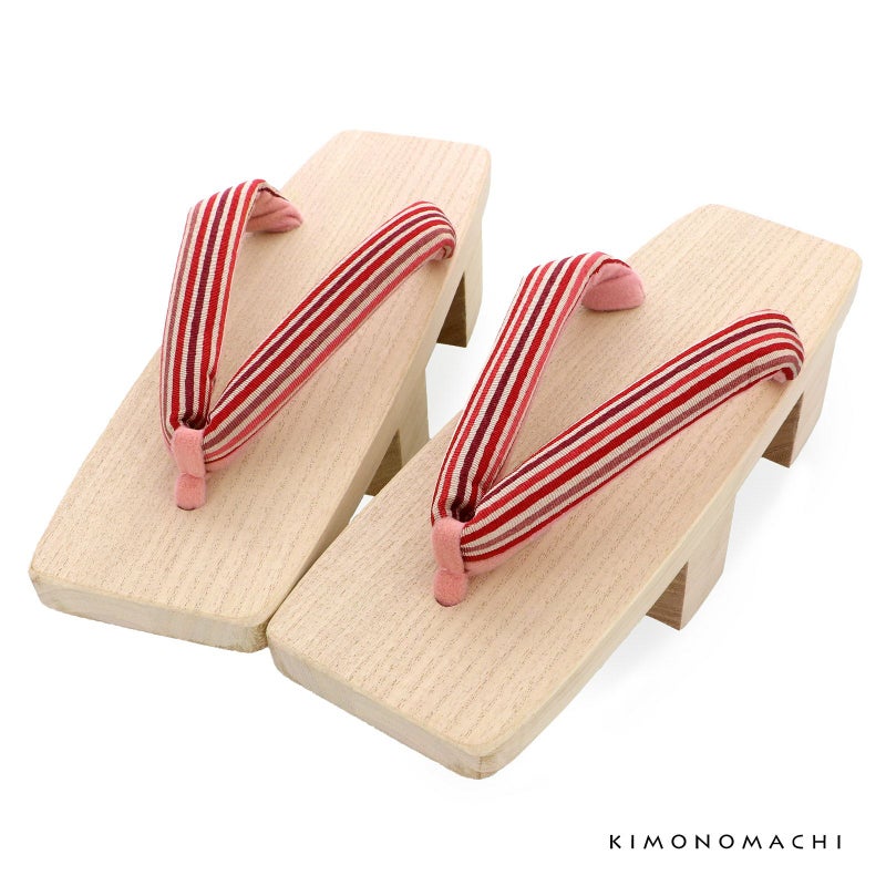 二枚歯下駄単品「赤、ピンクの縞の鼻緒、白木台」三味 女性下駄 日本製 レディース 桐下駄