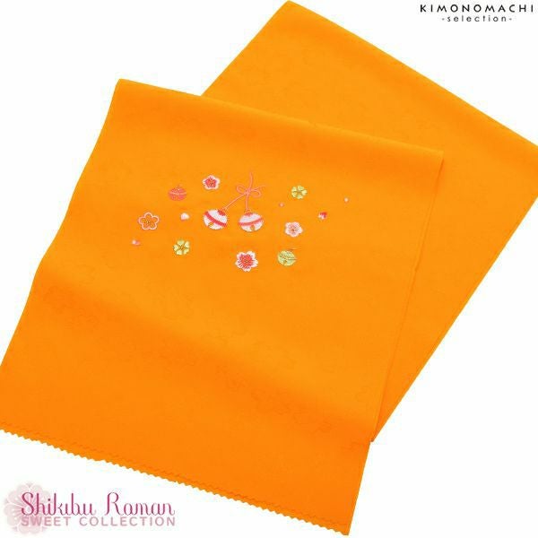 七五三帯揚げ「山吹色　鈴と梅、桜」式部浪漫 ポリエステル帯揚げ こども着物 おびあげ 七歳、五歳、三歳 SR-AY