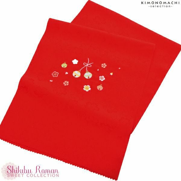 七五三帯揚げ「赤色　鈴と梅、桜」式部浪漫 ポリエステル帯揚げ こども着物 おびあげ 七歳、五歳、三歳 SR-AA