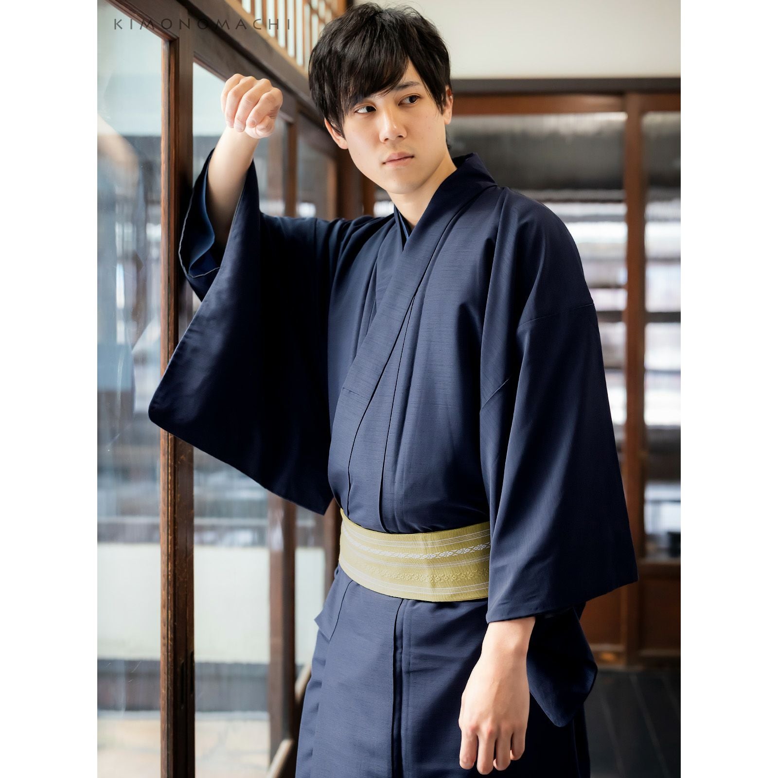 未着用　メンズ着物　夏用　縦縞　綿麻　洗える着物　ネイビー　着物　014k 着物 夏着物 綿麻 琵琶上布 Lサイズ 洗える 濃紺 縞 普段着 メンズ 夏