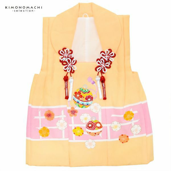 女の子被布コート単品「淡黄色　格子に鈴、梅」3歳児用 七五三 七五三小物 手描き お子様被布コート 都路