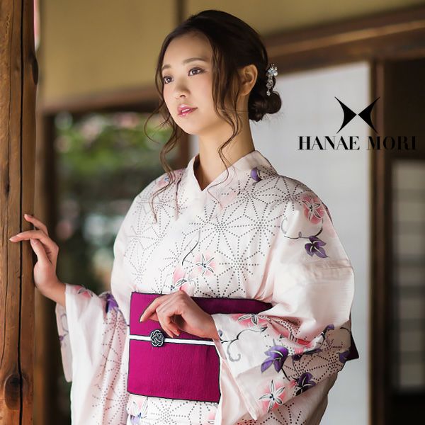 HANAE MORI浴衣セット「薄ピンク 麻の葉に朝顔」ブランド浴衣セット