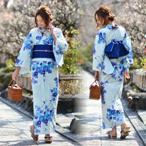 anan浴衣セット「水色ストライプ椿」ブランド浴衣セット 女性浴衣