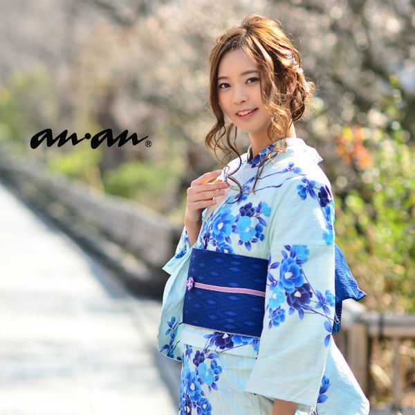 ♪*♪様 美品　裄７１ｃｍ　豪華４点セット　ブランド「anan」刺繍振袖 anan浴衣セット「水色ストライプ椿」ブランド浴衣セット 女性浴衣