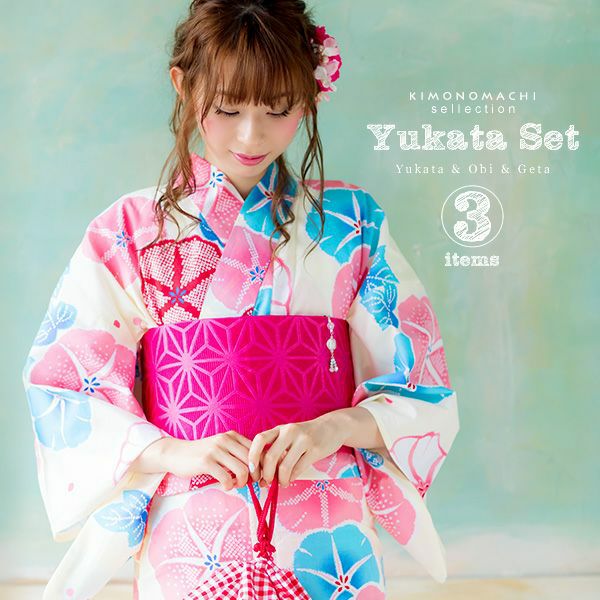 女性浴衣セット「赤ピンク×ブルー 朝顔」浴衣3点セット レディース 下駄サイズ、フリー、LL  女性浴衣セット