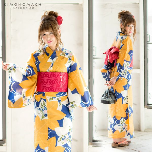 女性浴衣セット「青×山吹色 流水に楓」浴衣3点セット レディース 下駄