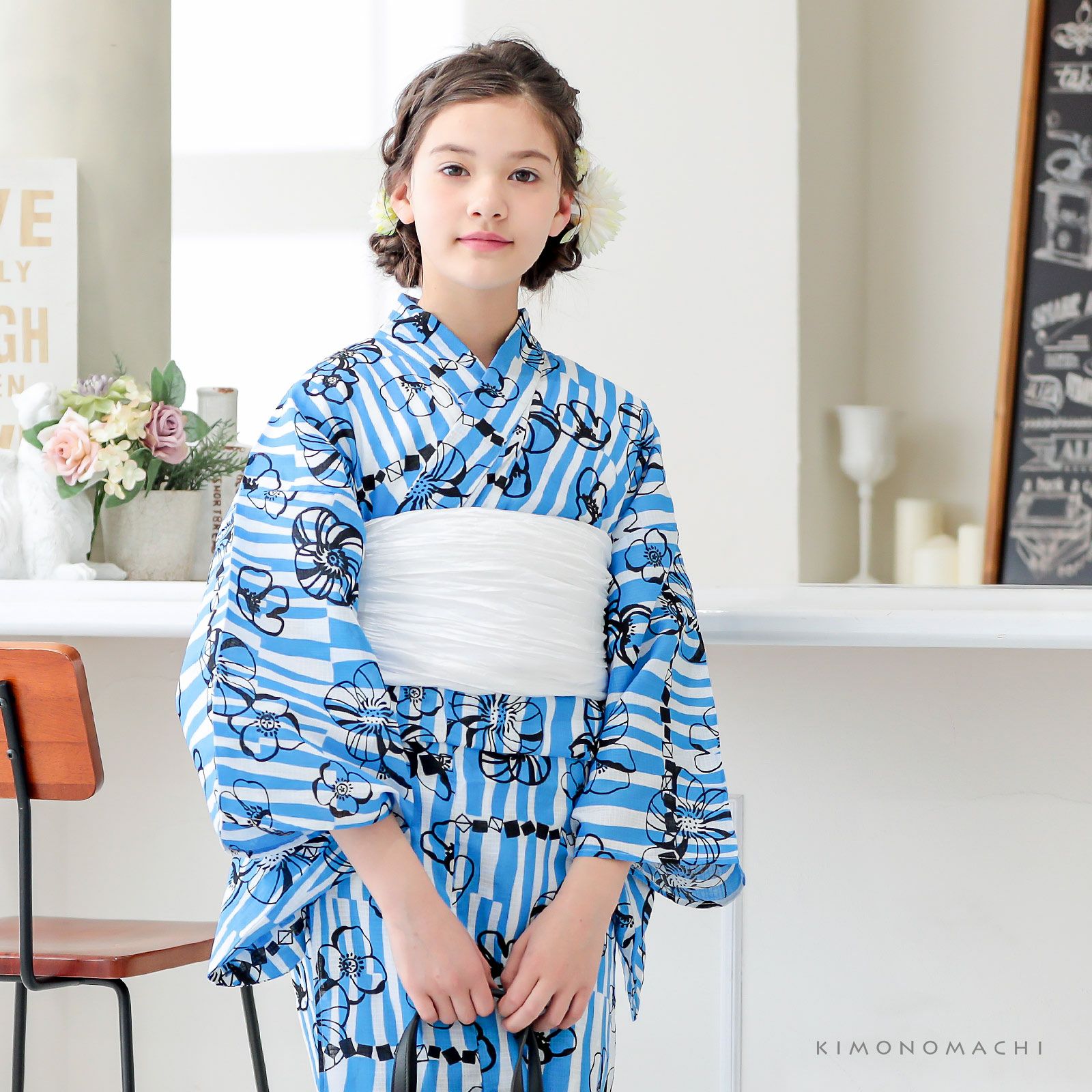 Prices down2】こども浴衣単品「ブルー レトロフラワー」110cm、120cm