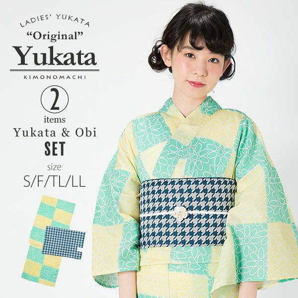 KIMONOMACHI浴衣セット「グリーン×イエロー　スクエアに花」S,F（フリー）,TL,LL 綿浴衣 京都きもの町オリジナル 