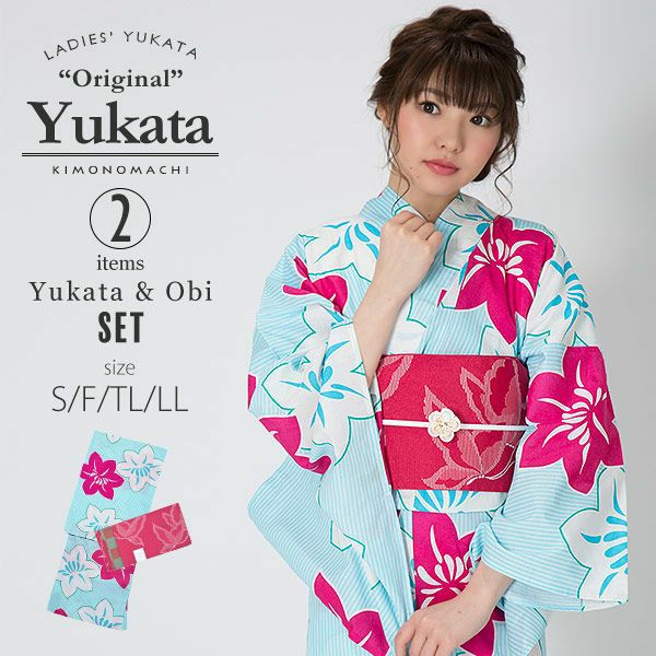 KIMONOMACHI浴衣セット「水色　鉄線」S,F（フリー）,TL,LL 綿浴衣 お仕立て上がり浴衣 京都きもの町オリジナル 