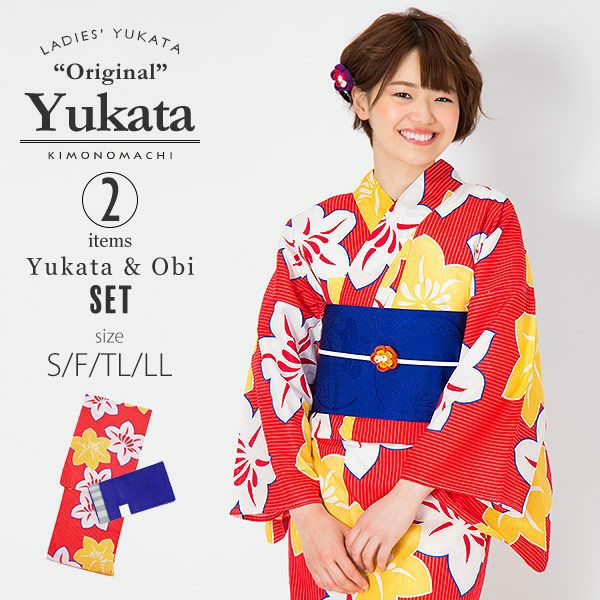 KIMONOMACHI浴衣セット「赤色　鉄線」S,F（フリー）,TL,LL 綿浴衣 お仕立て上がり浴衣 京都きもの町オリジナル 