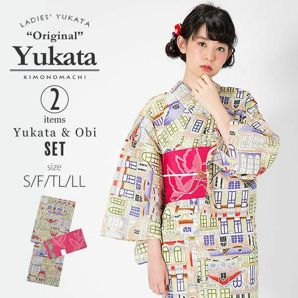 KIMONOMACHI浴衣セット「カラフル　タウンスケープ」S,F（フリー）,TL,LL 綿浴衣 京都きもの町オリジナル 