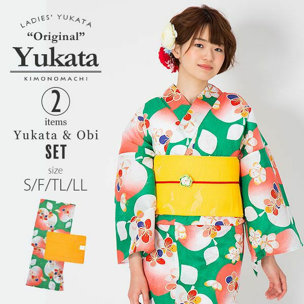KIMONOMACHI浴衣セット「緑色　リンゴ」S,F（フリー）,TL,LL 綿浴衣 お仕立て上がり浴衣 京都きもの町オリジナル 