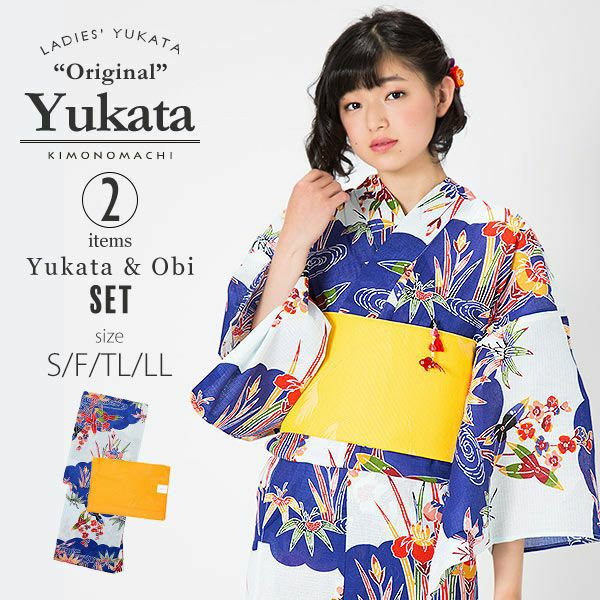 KIMONOMACHI浴衣セット「青色　紅型風雲に草花」S,F（フリー）,TL,LL 綿浴衣 お仕立て上がり浴衣 京都きもの町オリジナル 