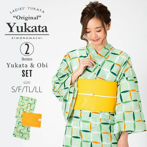 KIMONOMACHI浴衣セット「グリーン　変わり格子」S,F（フリー）,TL,LL 綿浴衣 京都きもの町オリジナル 