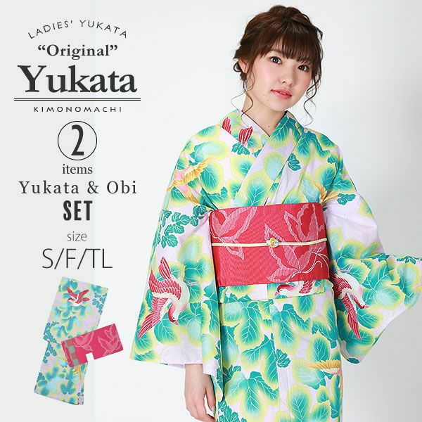 KIMONOMACHI浴衣セット「薄ピンク　蔦と鳥」S,F（フリー）,TL 綿浴衣 京都きもの町オリジナル 