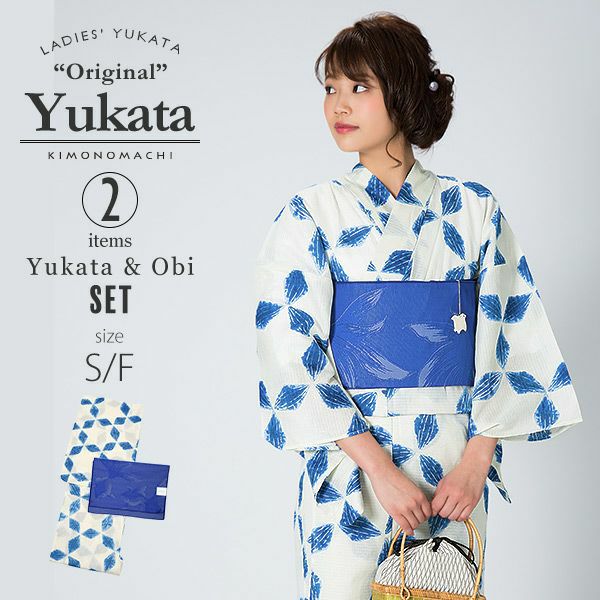 KIMONOMACHI浴衣セット「ブルー　絞り風オモダカ」S,F（フリー） 綿浴衣 お仕立て上がり浴衣 京都きもの町オリジナル 