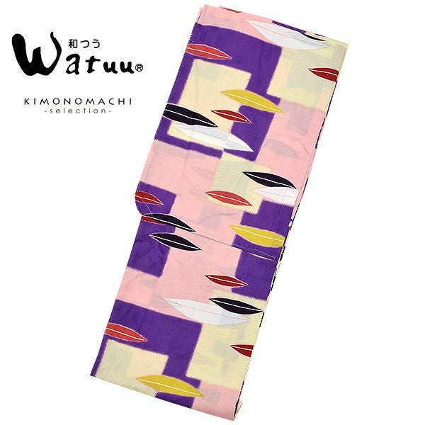 和つう浴衣単品「パープル、ピンク、クリーム　スクエアにリーフ」ブランド浴衣単品 女性浴衣単品 Watuu 大人浴衣単品 浴衣単品 W1803