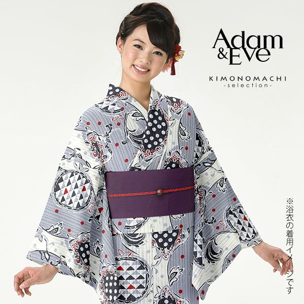 Adam＆Eve浴衣単品「グレー ゆらぎ縞に水玉」ブランド浴衣単品 女性