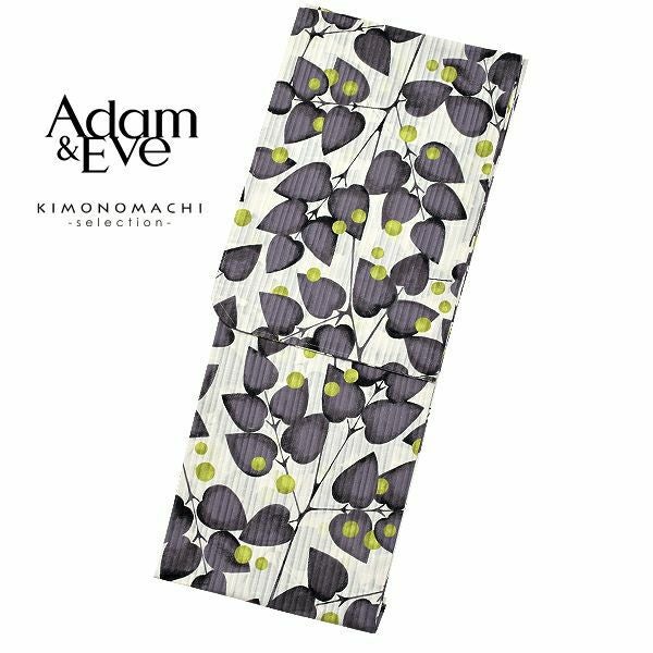 Adam＆Eve浴衣単品「黒グレー　葉っぱと水玉」ブランド浴衣単品 女性浴衣単品 アダムアンドイヴ 大人浴衣単品 浴衣単品 E1805